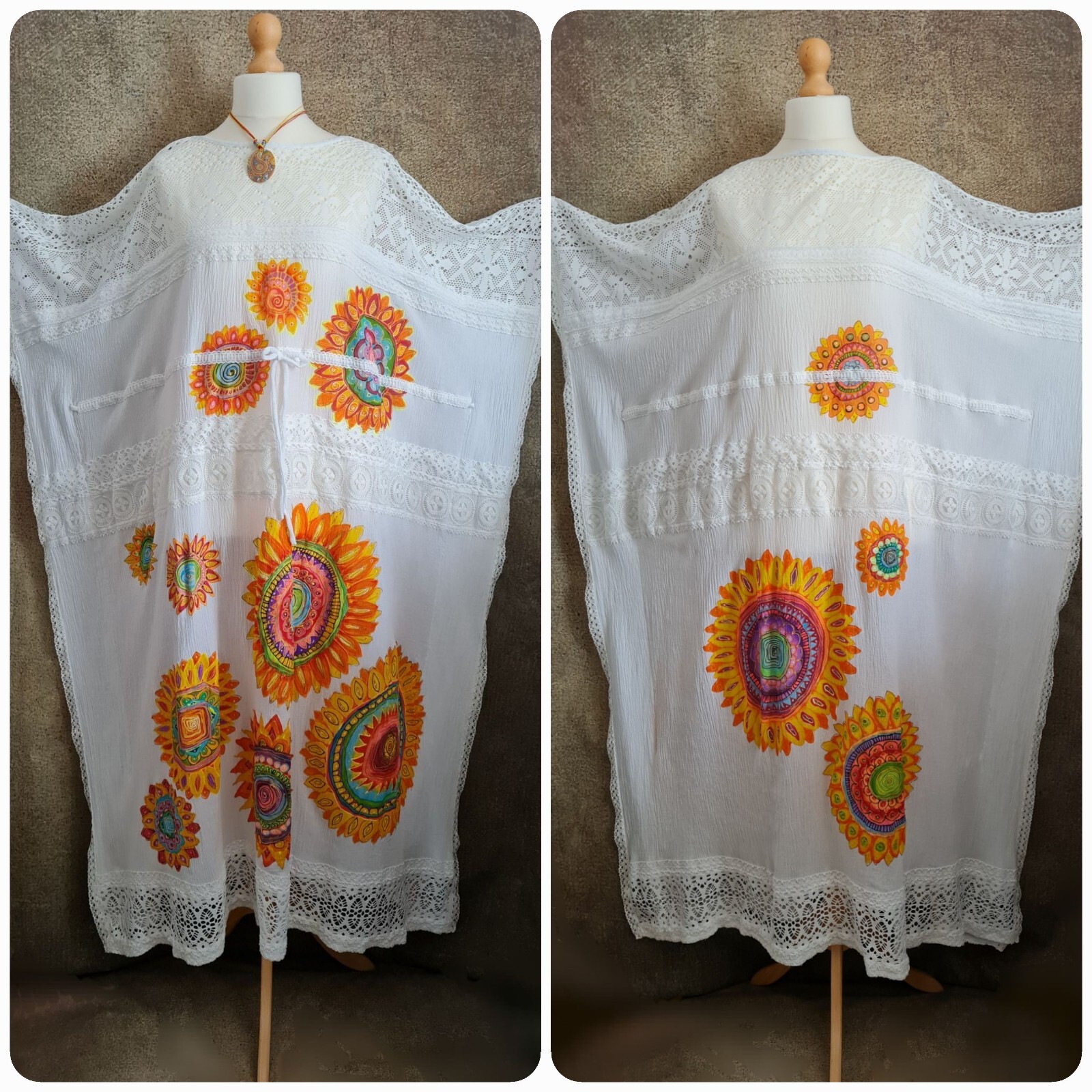 Bespoke Hand Painted Signed White Mandala Kaftan Party Holiday Beach Dress