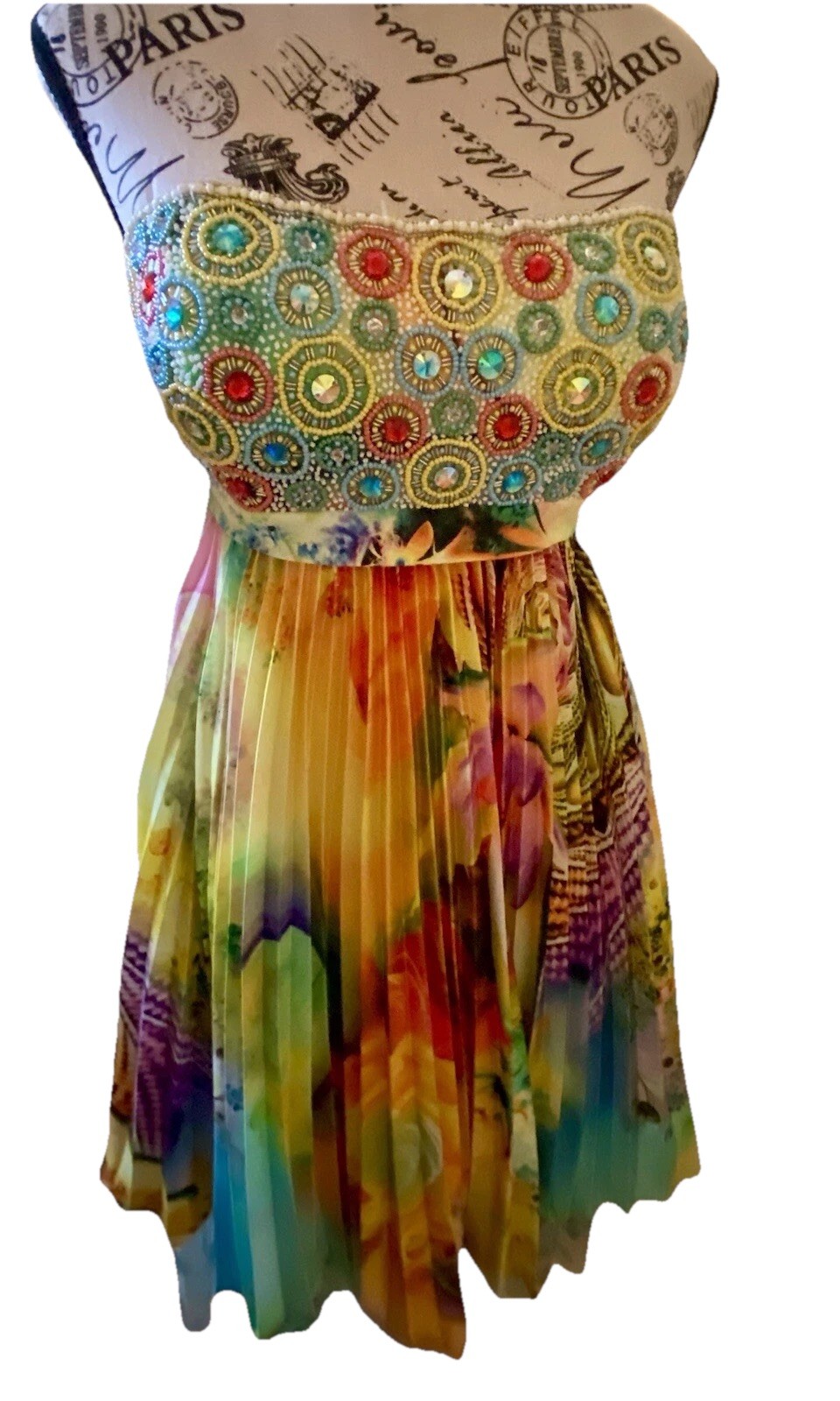 Sherri Hill (9230) Beaded Digital Print Pleated Party Mini Dress – Prom/Cocktail
