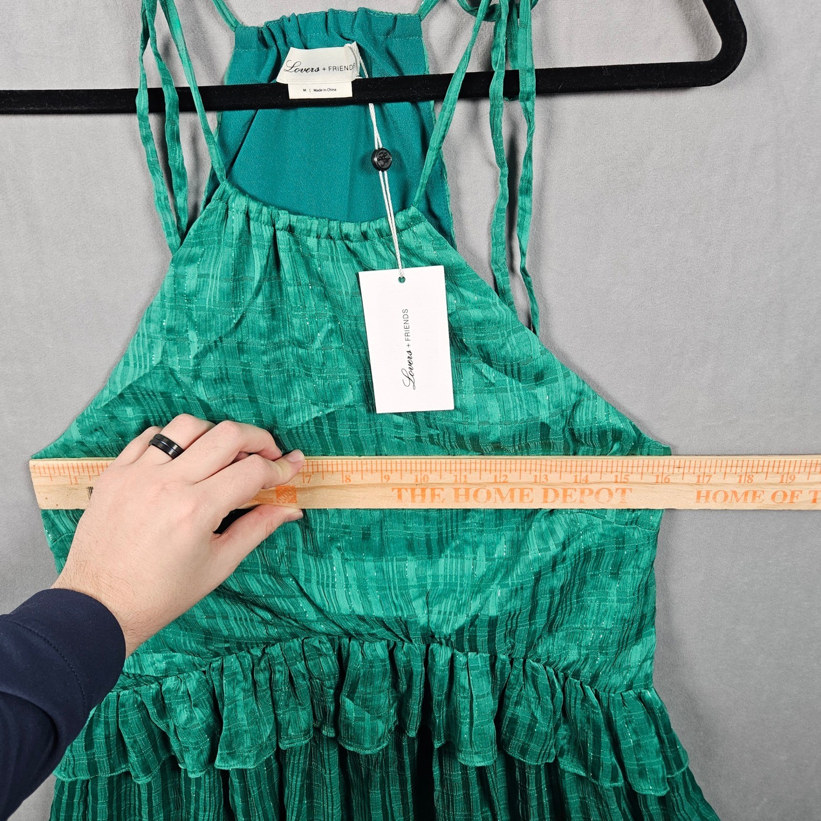 NEW Lovers + Friends Mini Dress Womens Medium Green Metallic Ruffle Halter Lined