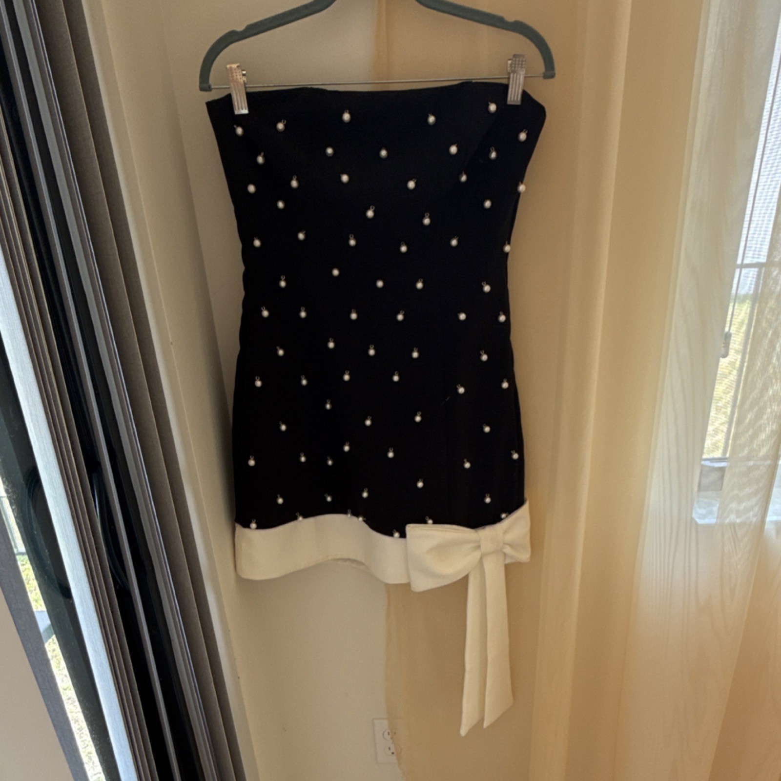 Limonada Pink Strapless Mini Dress Black White Bow Beaded Crepe Size P