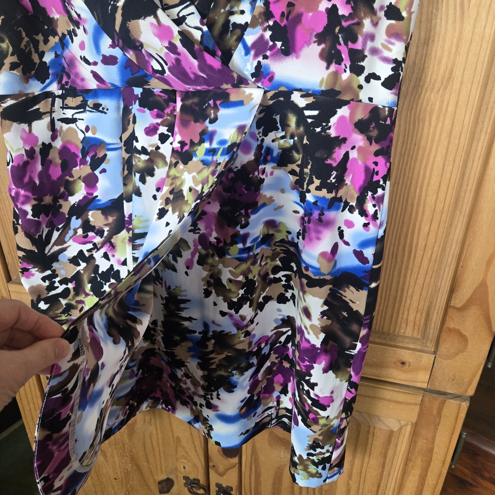 SOHO Apparel Dress 16 Womens Multicolor Abstract Faux Wrap Sleevless Lined