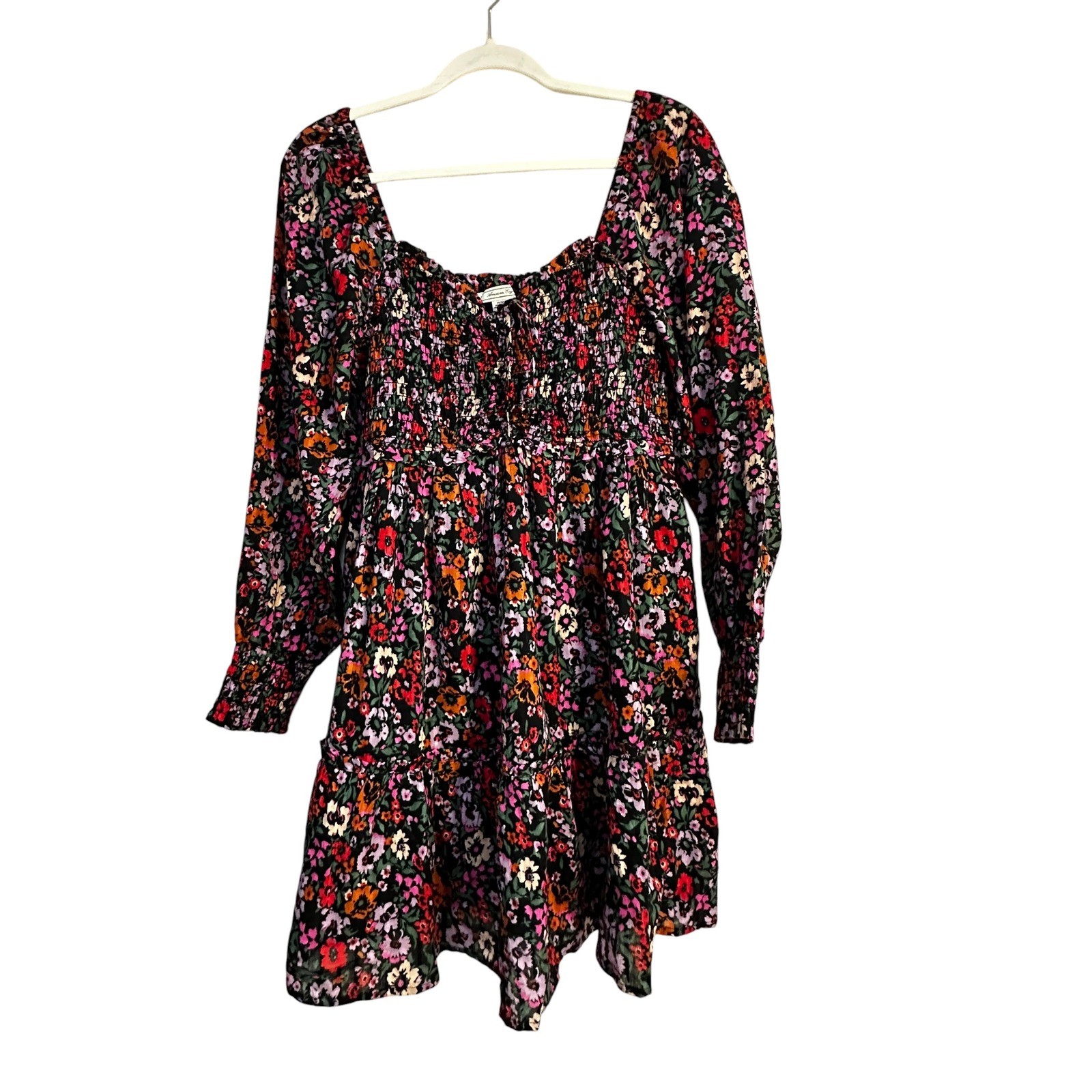 American Eagle Floral Smocked Mini Dress Long Sleeve Square Neck Tiered Multi M