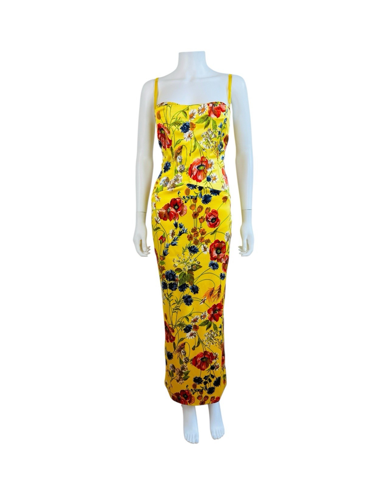 Rare Vintage 1990s Dolce + Gabbana Yellow Silk Floral Stretch Corset Dress Gown