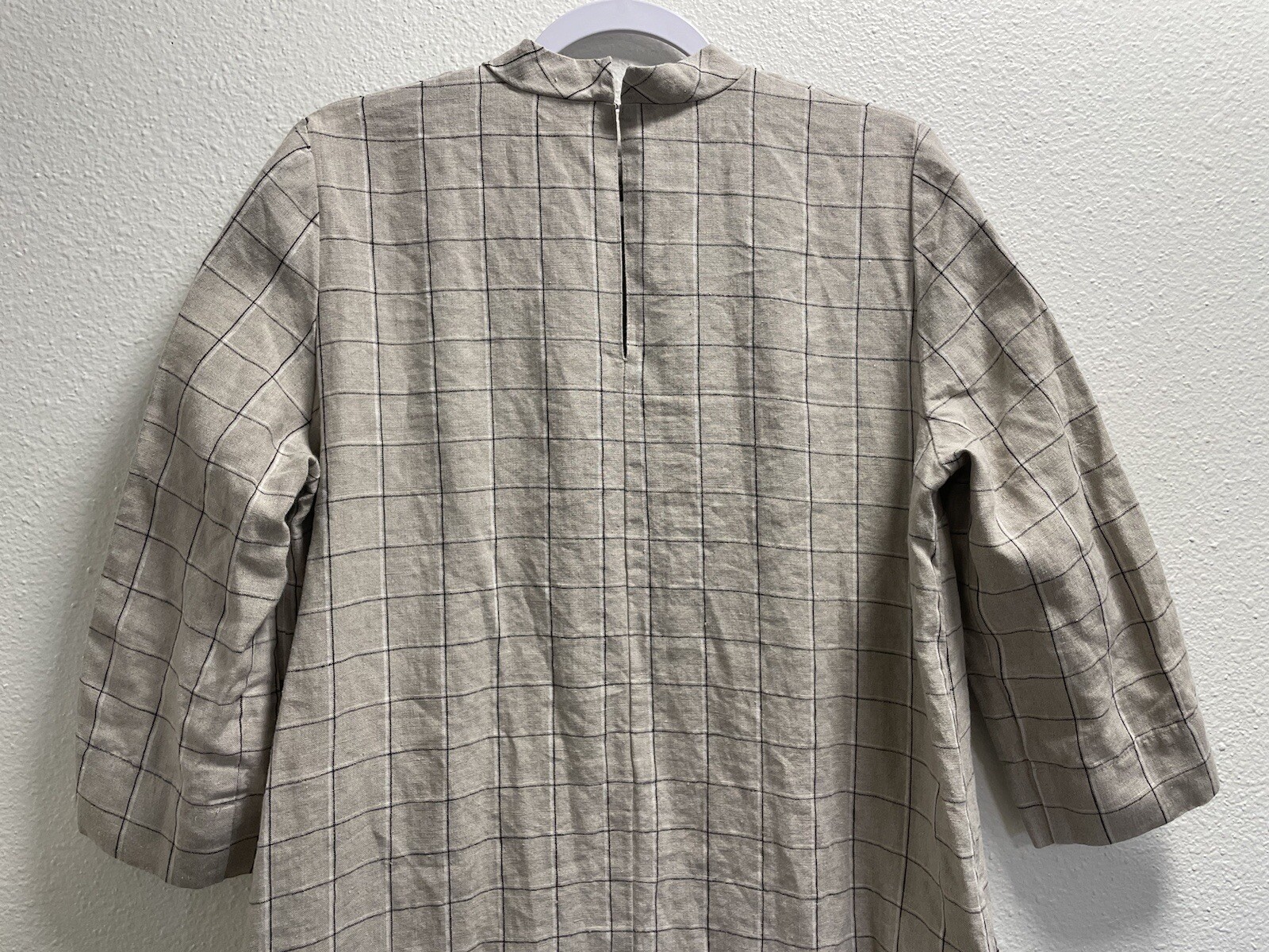Linenfox Checkered Linen Shift Dress Short Sleeve Pockets Lagenlook Tan XL