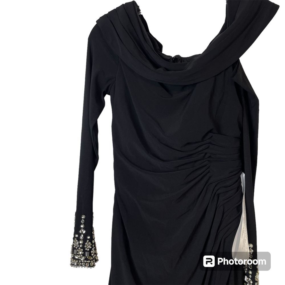 leena For Macduggal Asymmetrical Black Midi Dress Slit Size 0 NWT Style MD26485