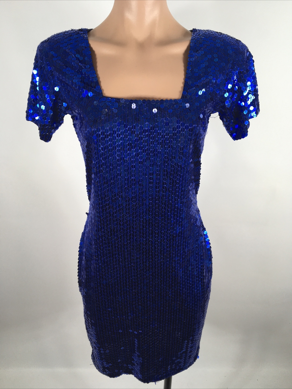 Vintage 90s 80s Blue Square Neck Sequin Dress Blue Party Nite Line Sexy Cocktail