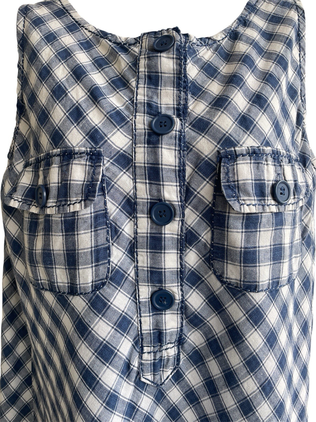 Max Edition Navy White Plaid Shift Dress Chest Pockets Coastal Woman’s Medium
