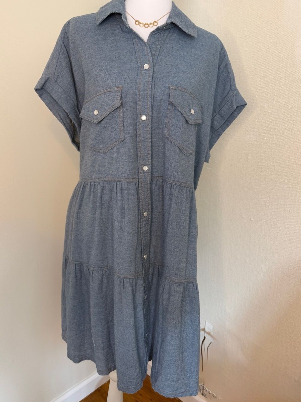 Easel Chambray Shirt Dress Tiered Babydoll Snap Front Blue Cotton Small