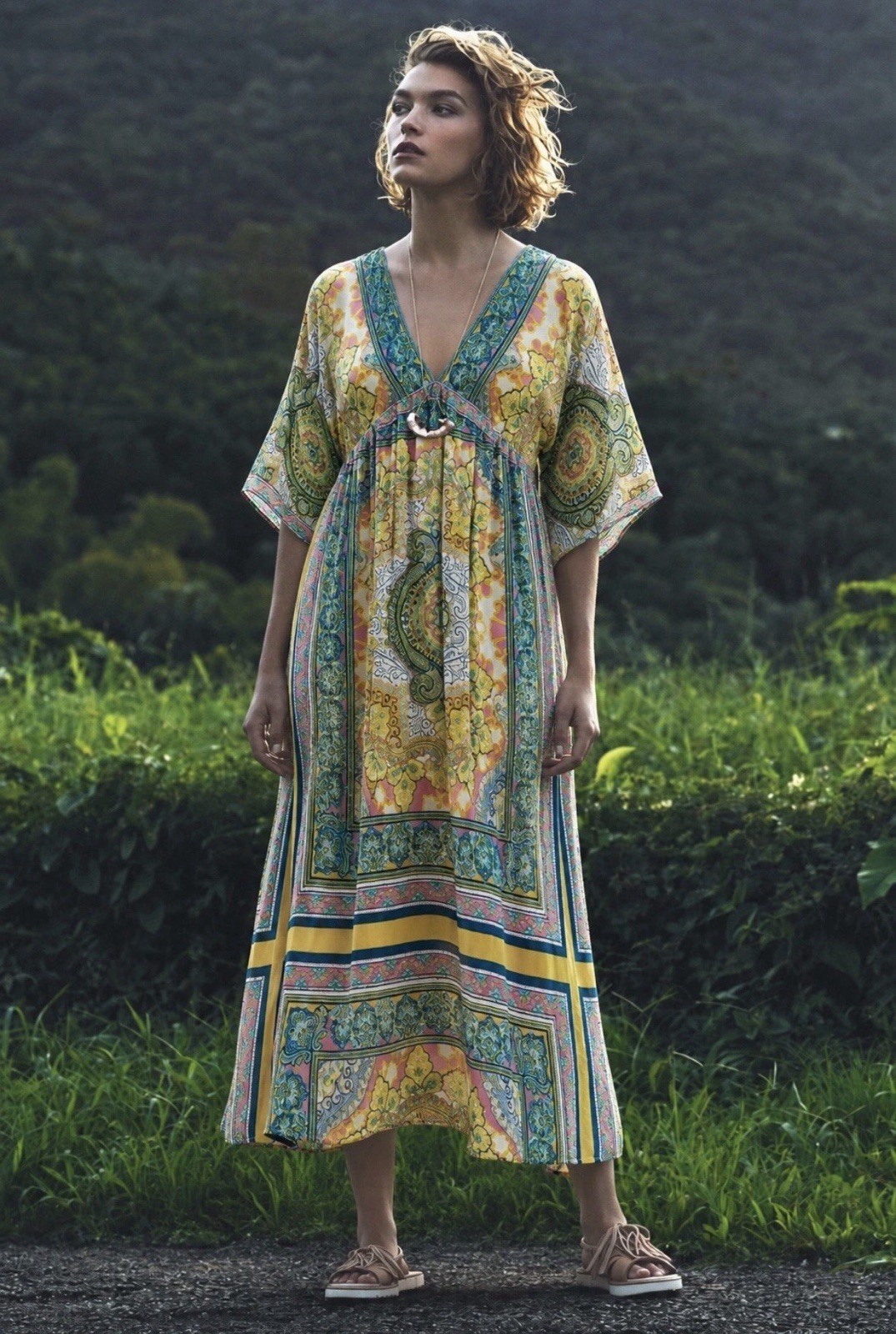 Sundance Bella Verona Boho- (L) Printed Paisley Scarf Print Midi Dress NWOT