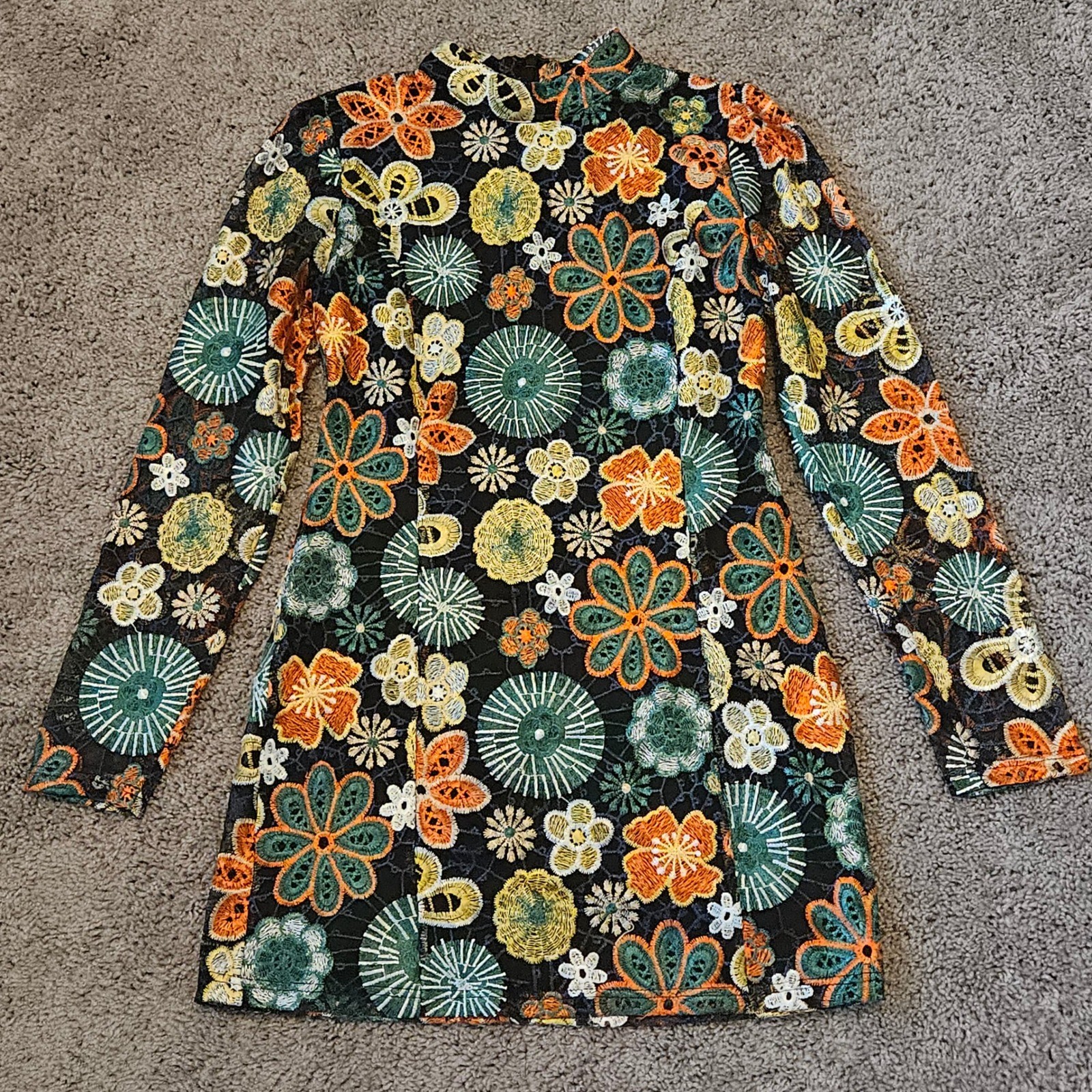 VICI Floral Embroidered Lace Mini Dress Size M Long Sleeve Mock Neck Mod Hippie