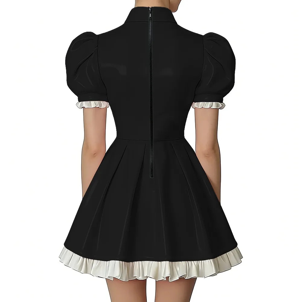 Puff Sleeve Dress with Bows PVC Leather Ruffled Dresses Lolita Party Outfit