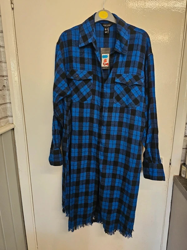 New Look Blue & Black Check Longline Collared Shirt Dress – UK Size 10 – NWT New