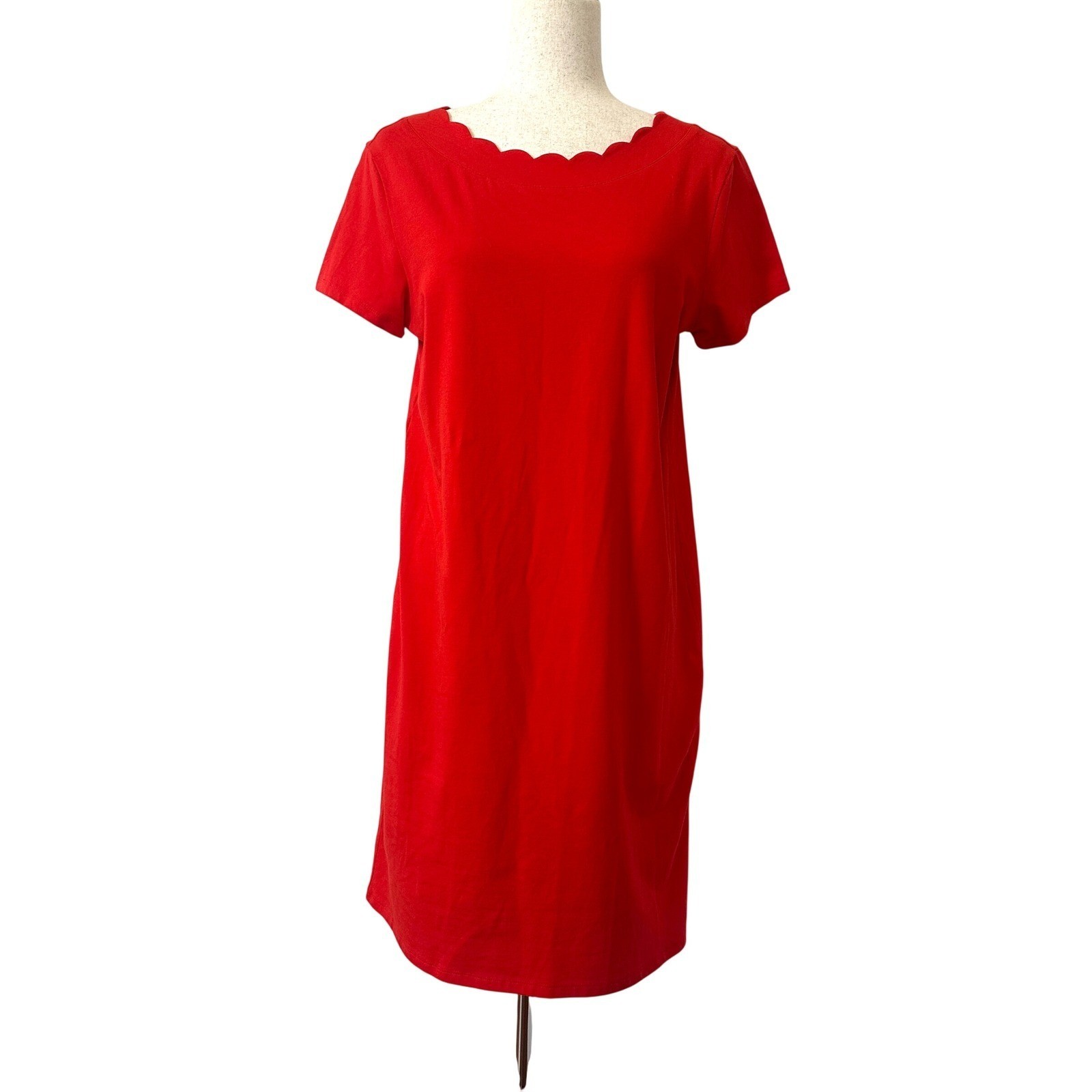 Pappagallo Red Scalloped Neck Dress M Stretch Minimalist Classic Preppy