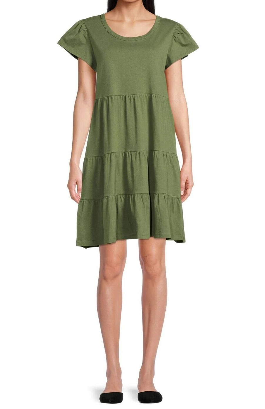 Time and Tru Womens Dress Sz M Sea Turtle Green Tiered Knit Short Sleeves Casual