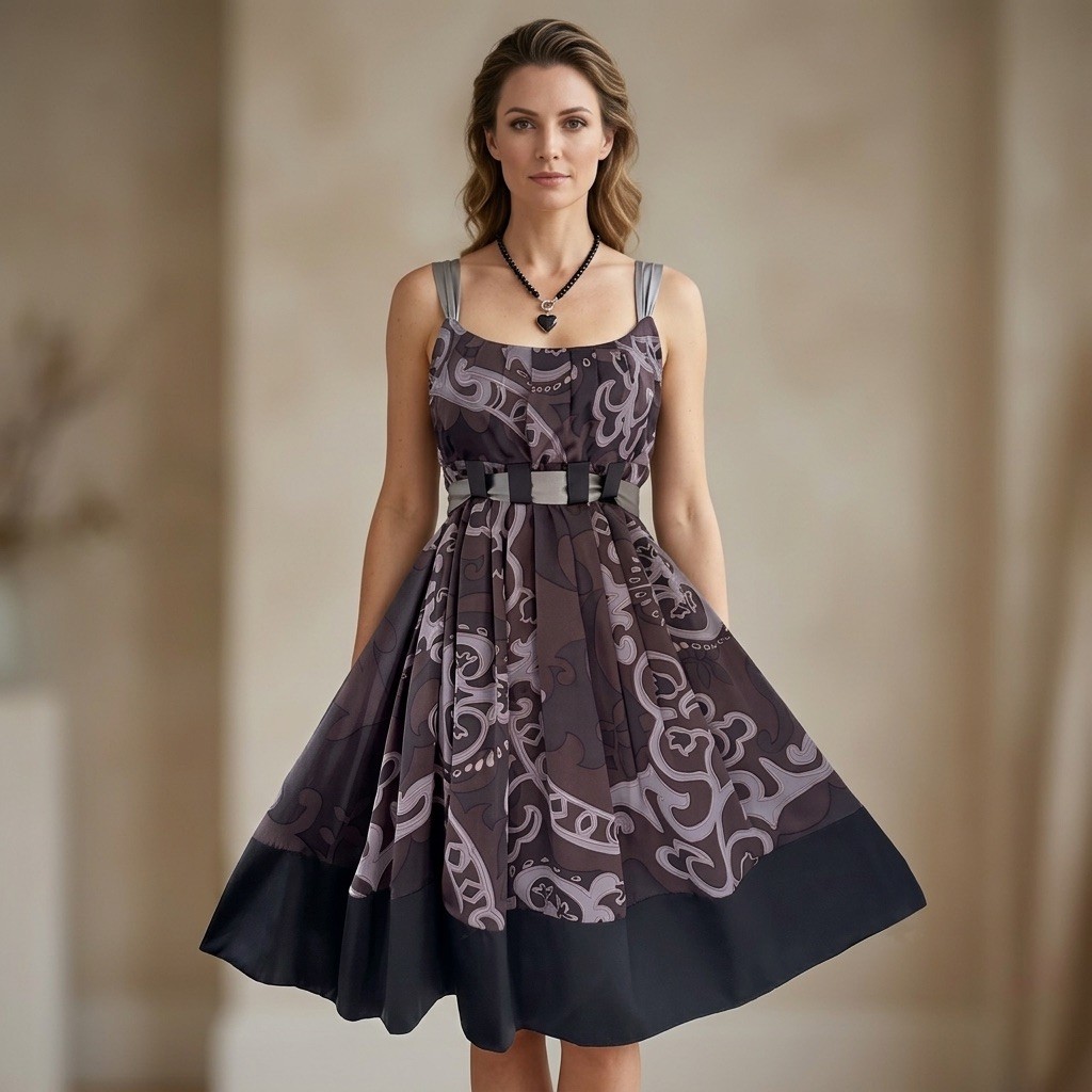 Mink Bikini 100% silk grey/brown printed belted occasion knee length dress 12