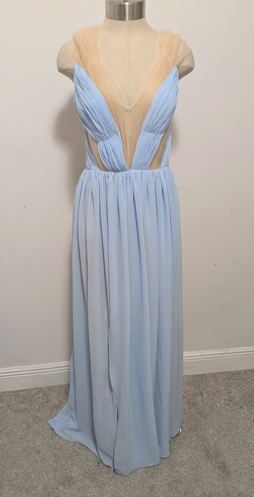 CELEB Blue Nude Sheer Chiffon Dress Formal Event HOCO Prom Wedding Bridesmaid
