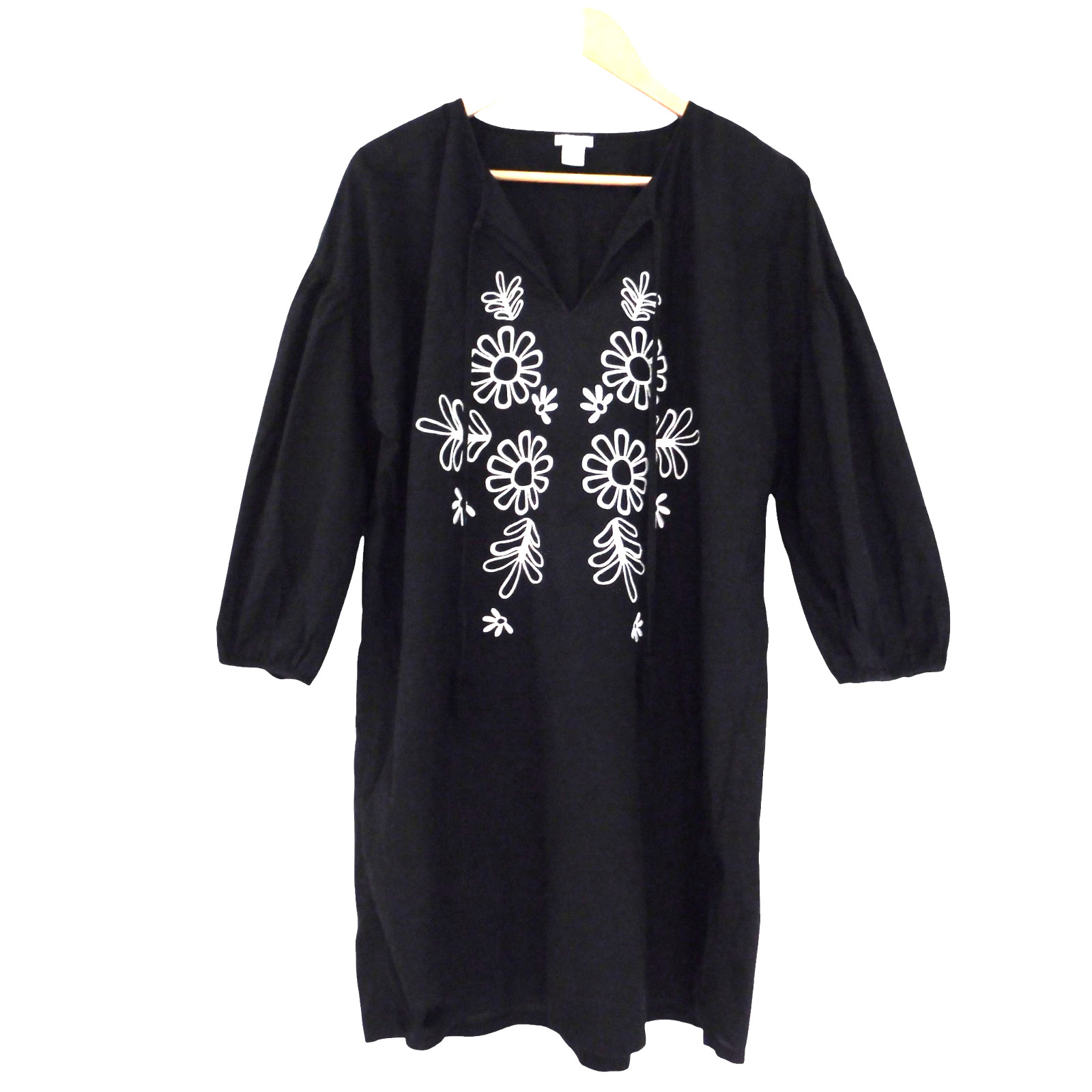 J Crew Black Embroidered Boho ShortDress Tunic Tassel Cotton size Large