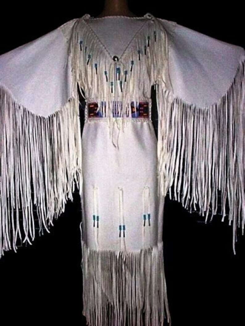 Women’s White Leather Long Fringes Beaded Wedding Dress Powwow Regalia