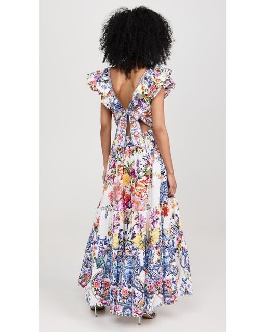CAMILLA “Dutch Is Life” Tiered Frill Cotton V-Neck Open Back Maxi Dress, L $899