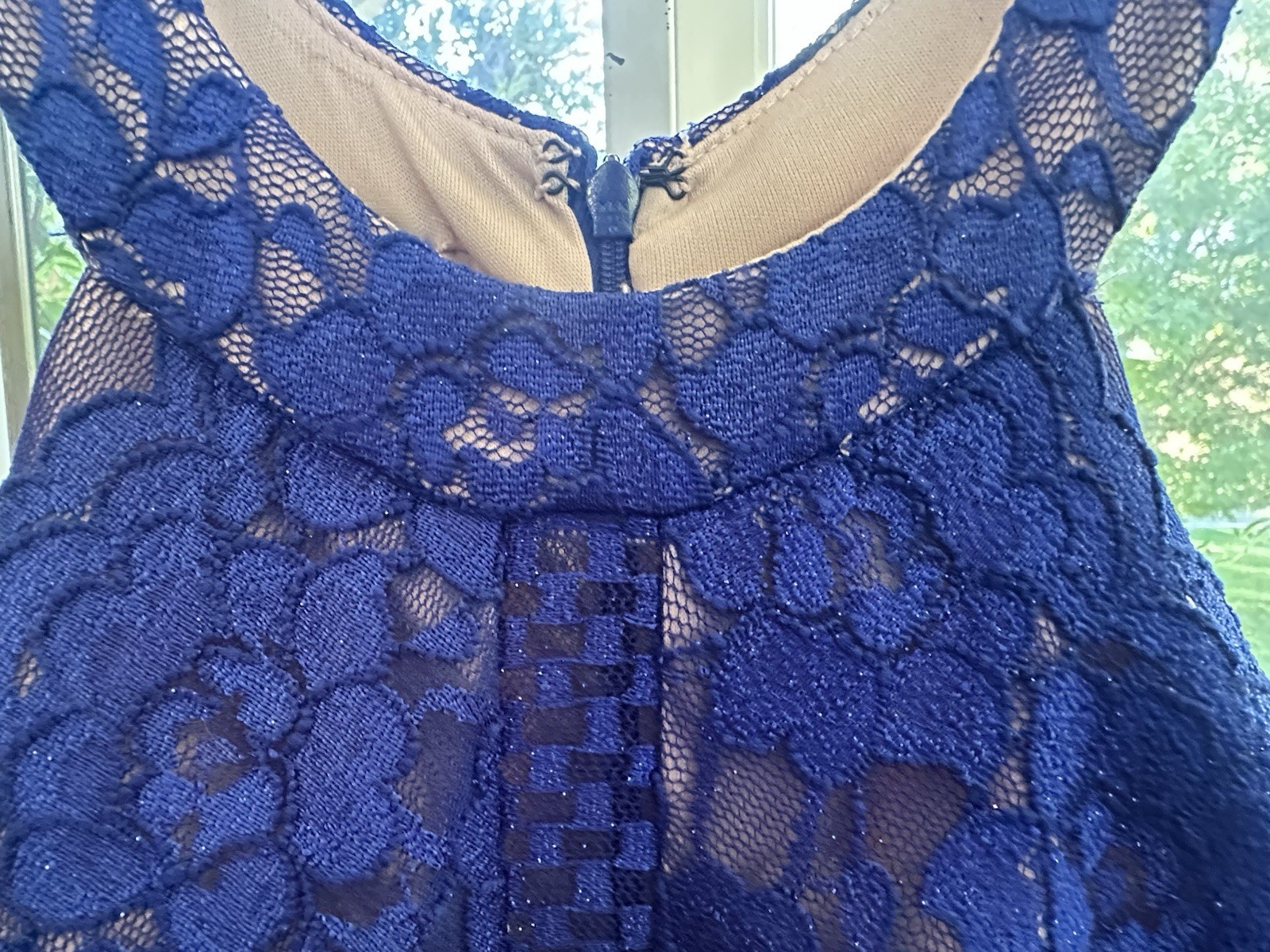Morgan & Co. Blue Floral Lace Halter Sleeveless Long Gown Zip Sheer S/6