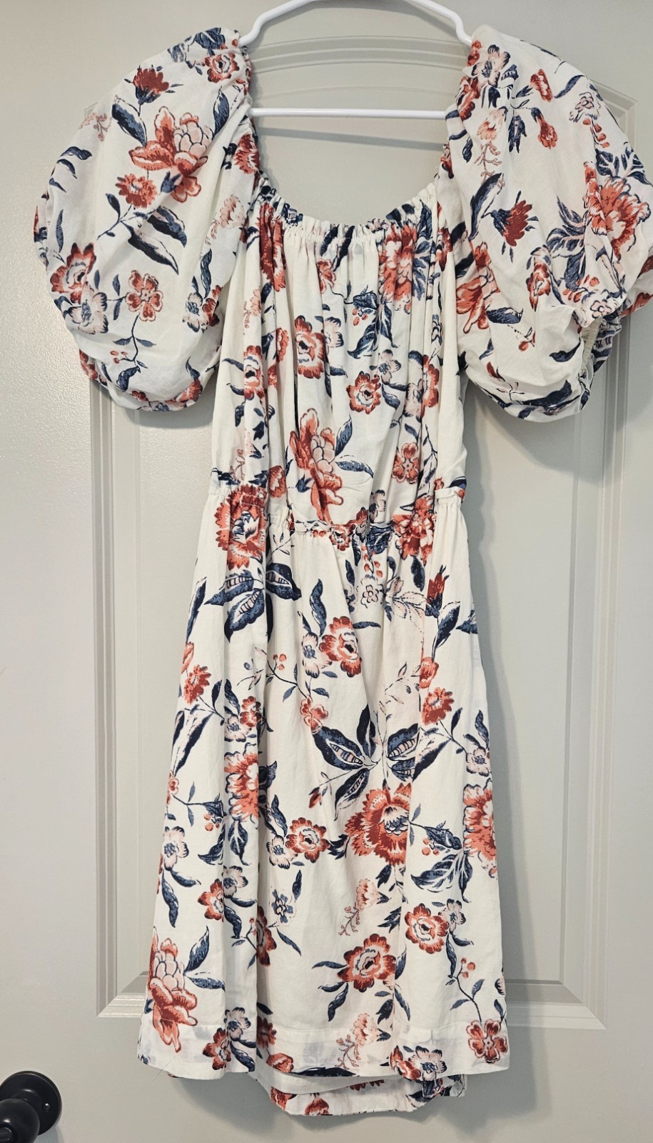 Lucky Brand Floral Puff Sleeve Tie Back Dress White Coral Blue Size S