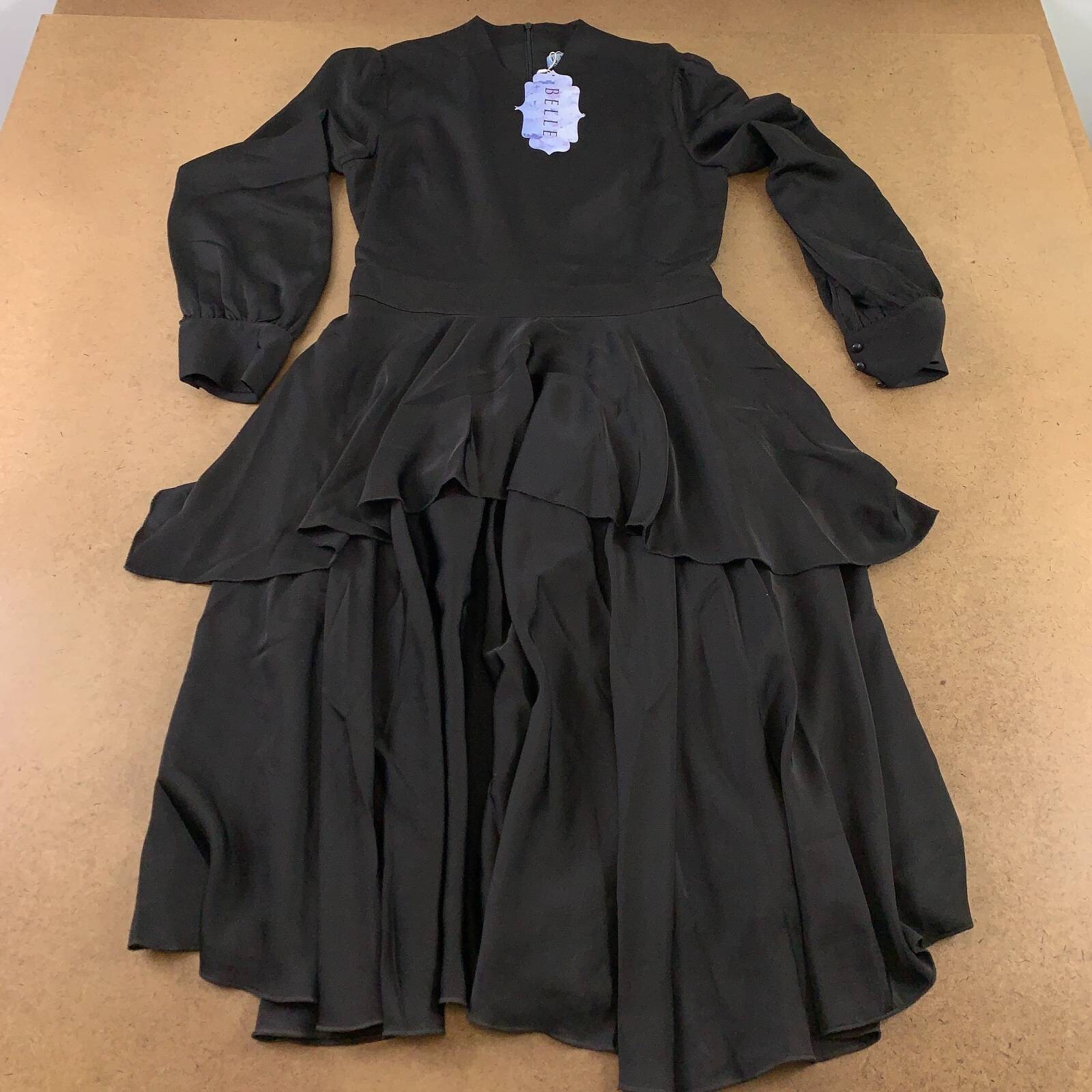 Belle Womens Peplum Dress Solid Black Midi V Neck Long Sleeve Layered M New