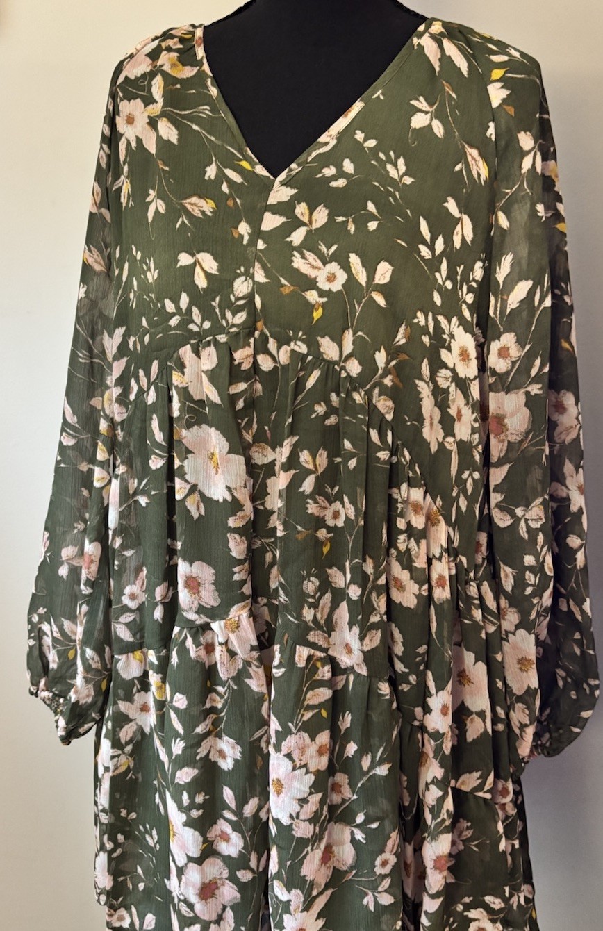 Women’s Green White Pink Floral V-Neck Long Sleeve Fit & Flare Dress L