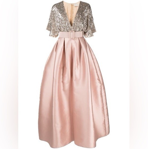 Sachin & Babi Simone Gown Peony Pink Silver Shimmer Sequins WITH BELT New Sz 12