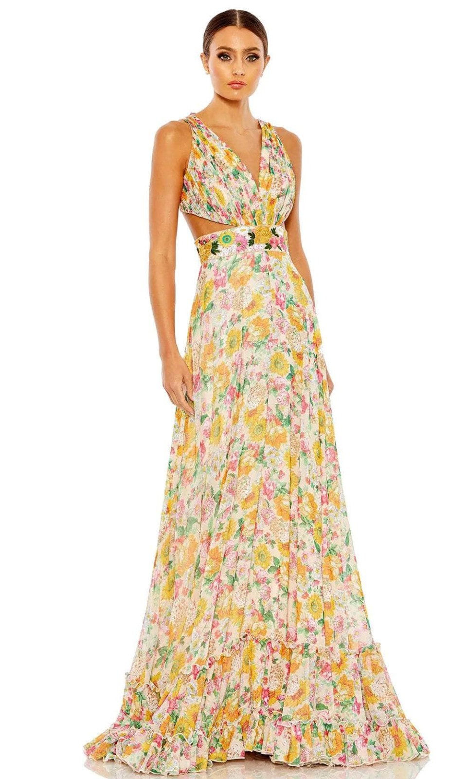 Mac Duggal Nude Multi Pleated Floral Lace Up Back Cut Out Gown Size 14 $598