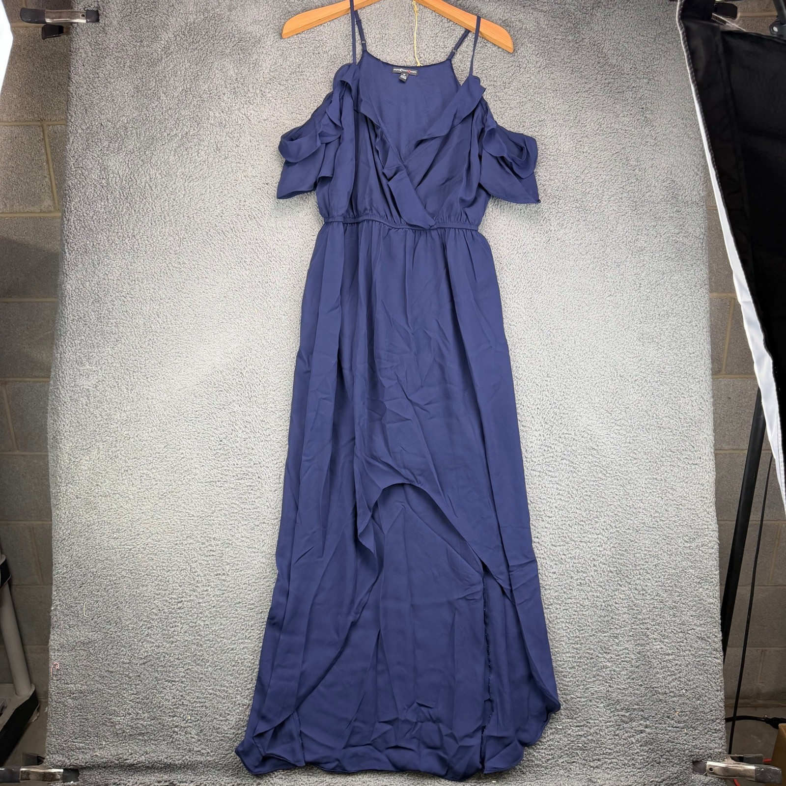 MMMMMM Navy Blue Cold Shoulder Ruffle High Low Maxi Dress Womens Medium