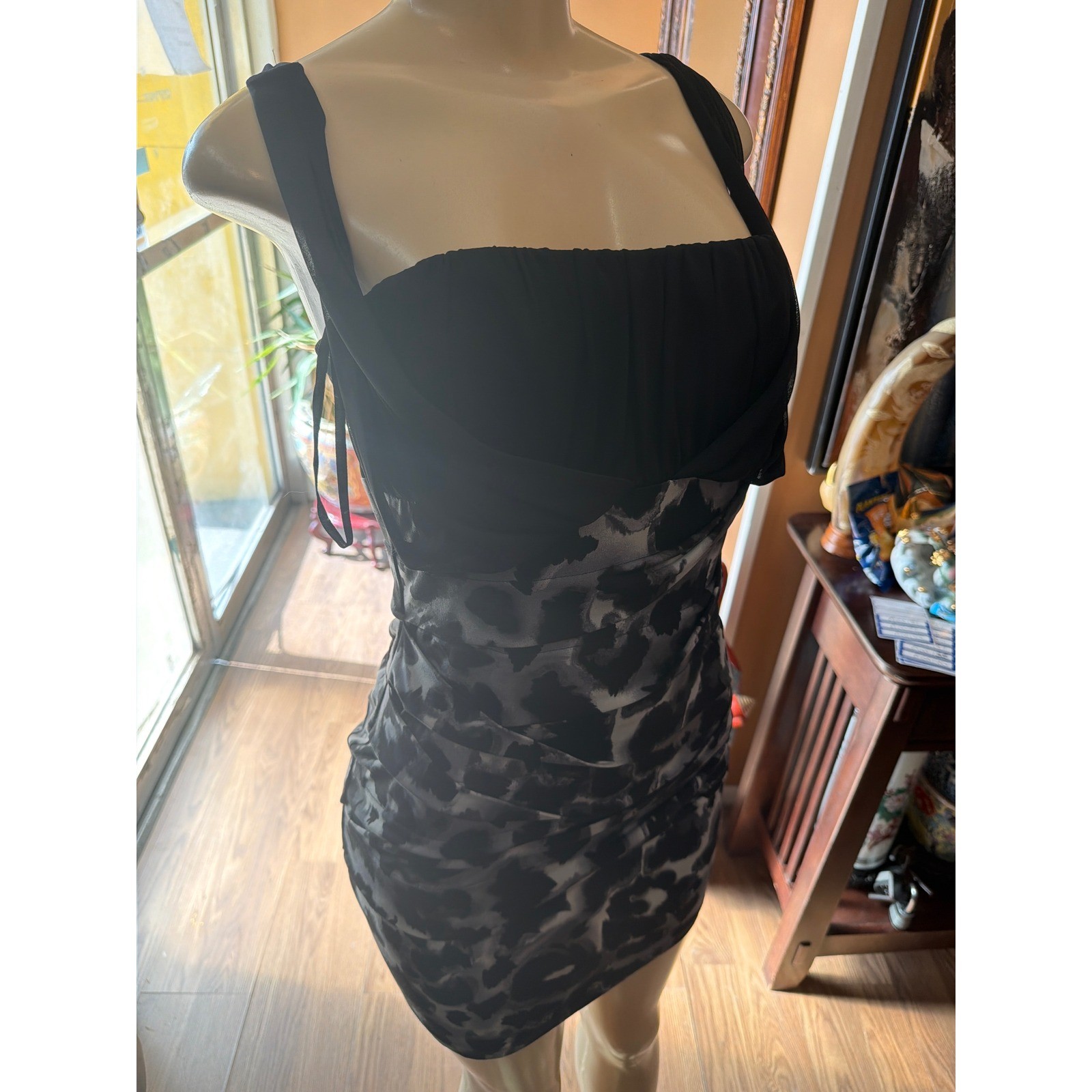 Black Ruched Bodycon Mini Dress Grey Animal Print Sleeveless Cocktail Dress