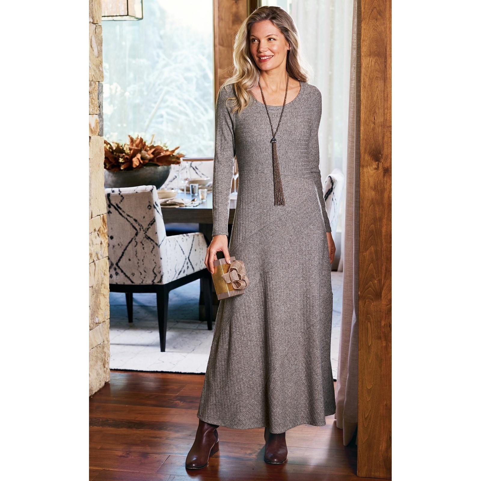 Soft Surroundings Dress Women XL Brown Heather Clio Knit Maxi Preppy Mature