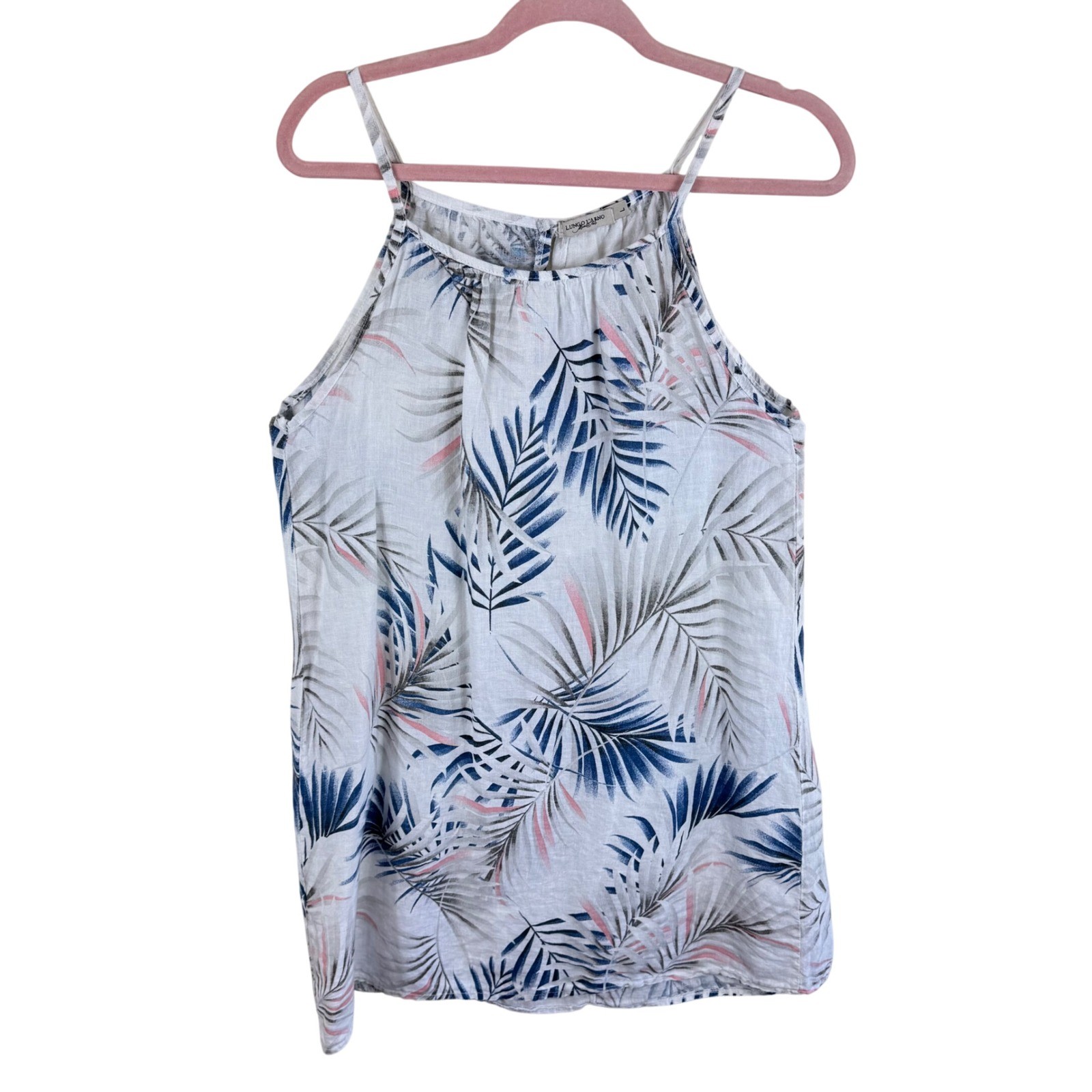 Lungo L’Arno Women Linen Tropical Palm Print Tank Dress Beach Resort Italy Large