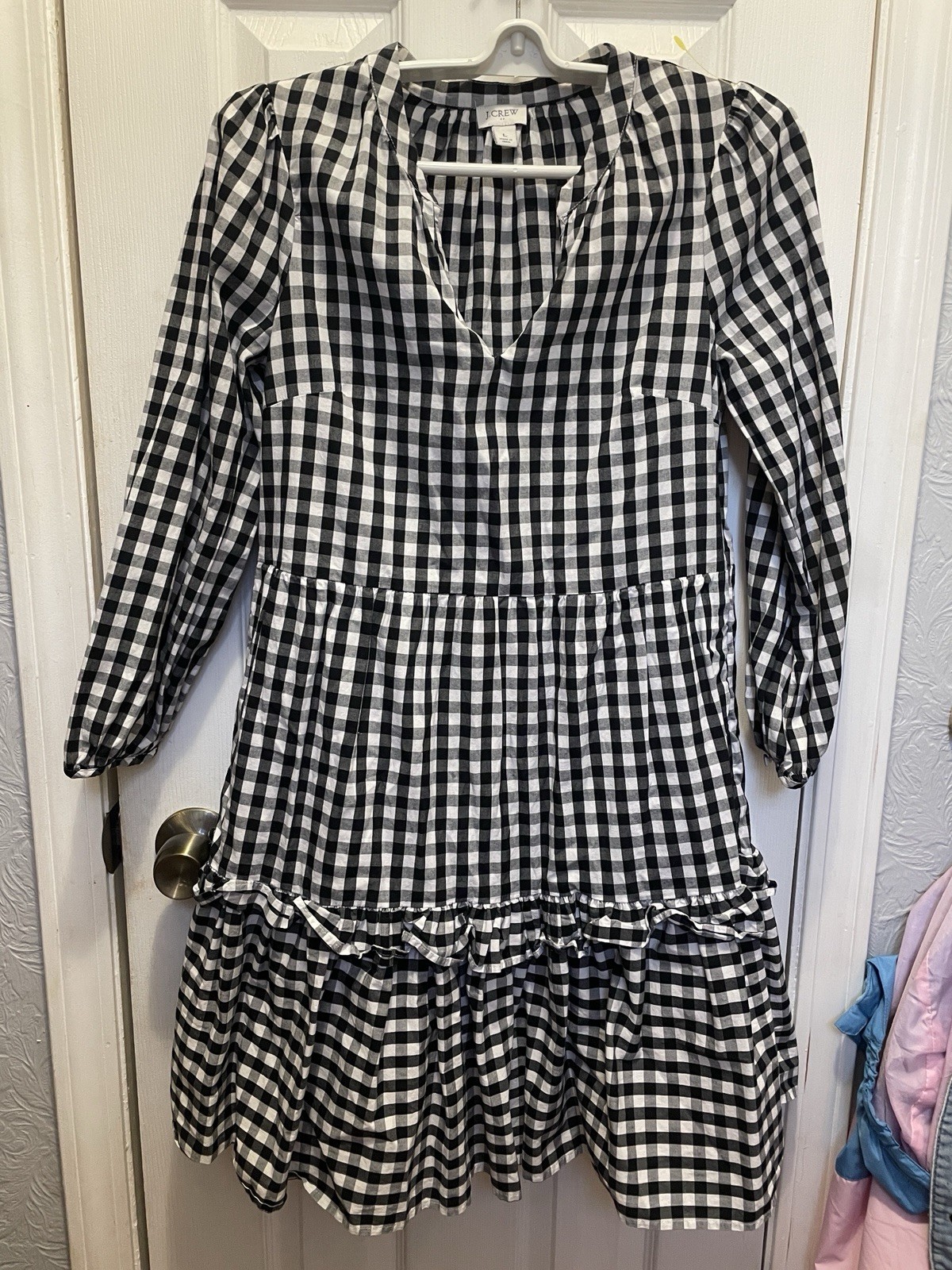 J. Crew Cotton Poplin Tiered Ruffle Mini Dress Black & White Gingham Women’s L