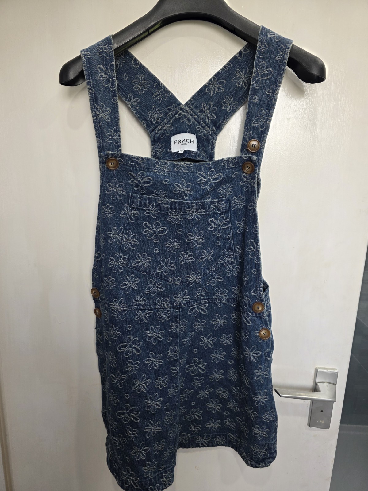 FRNCH Paris Blue Denim Floral Pinafore Dungaree Dress Pockets Button S