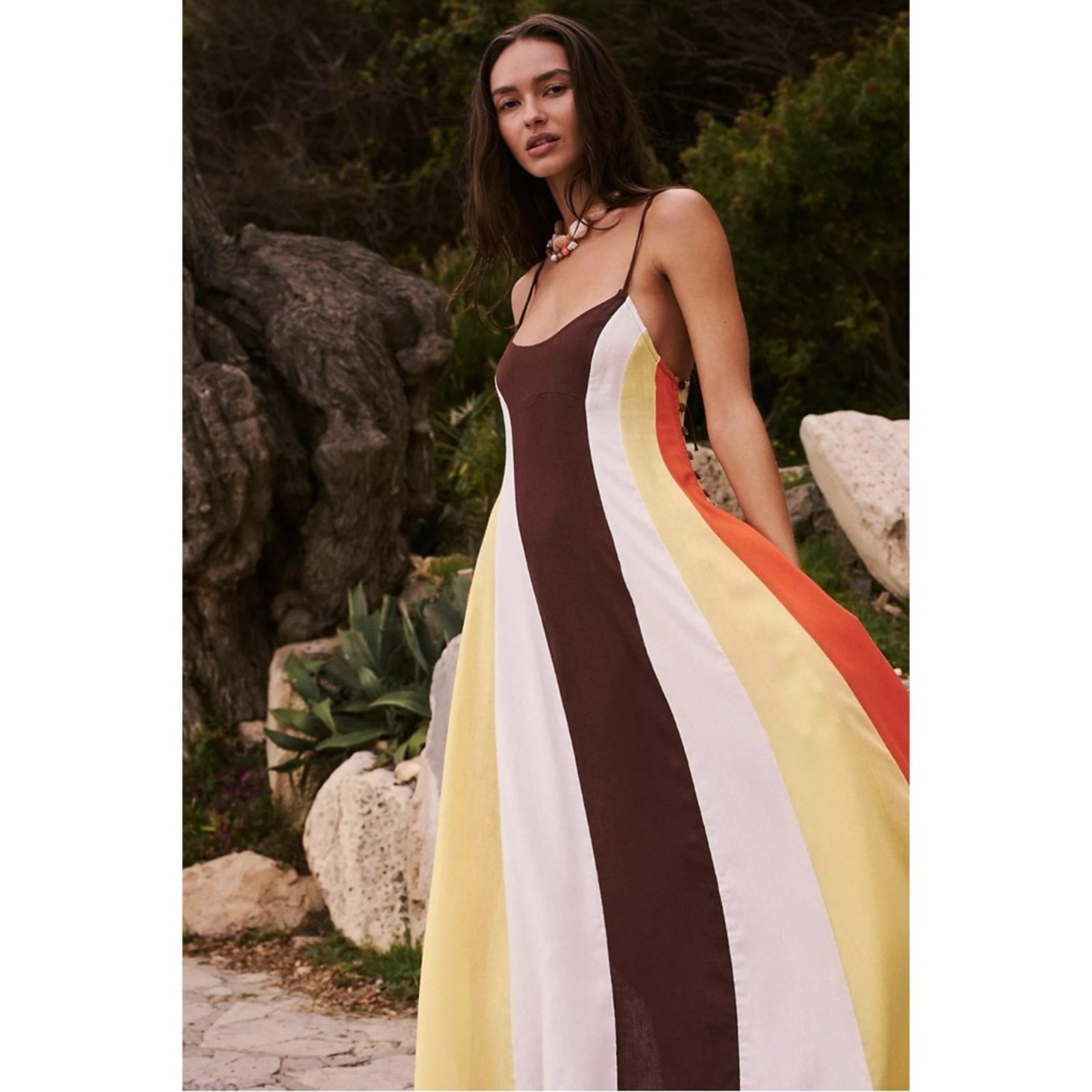 Free People Linen Retro 70s Color Harmony Maxi Dress in Chocolate Combo Small
