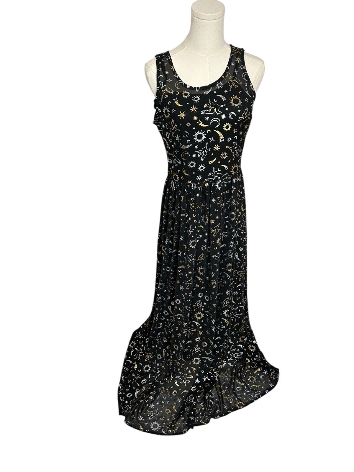Cosmic Aura Astrology Celestial Stars Moon Foil Mesh Maxi Dress Sz M Black Gold