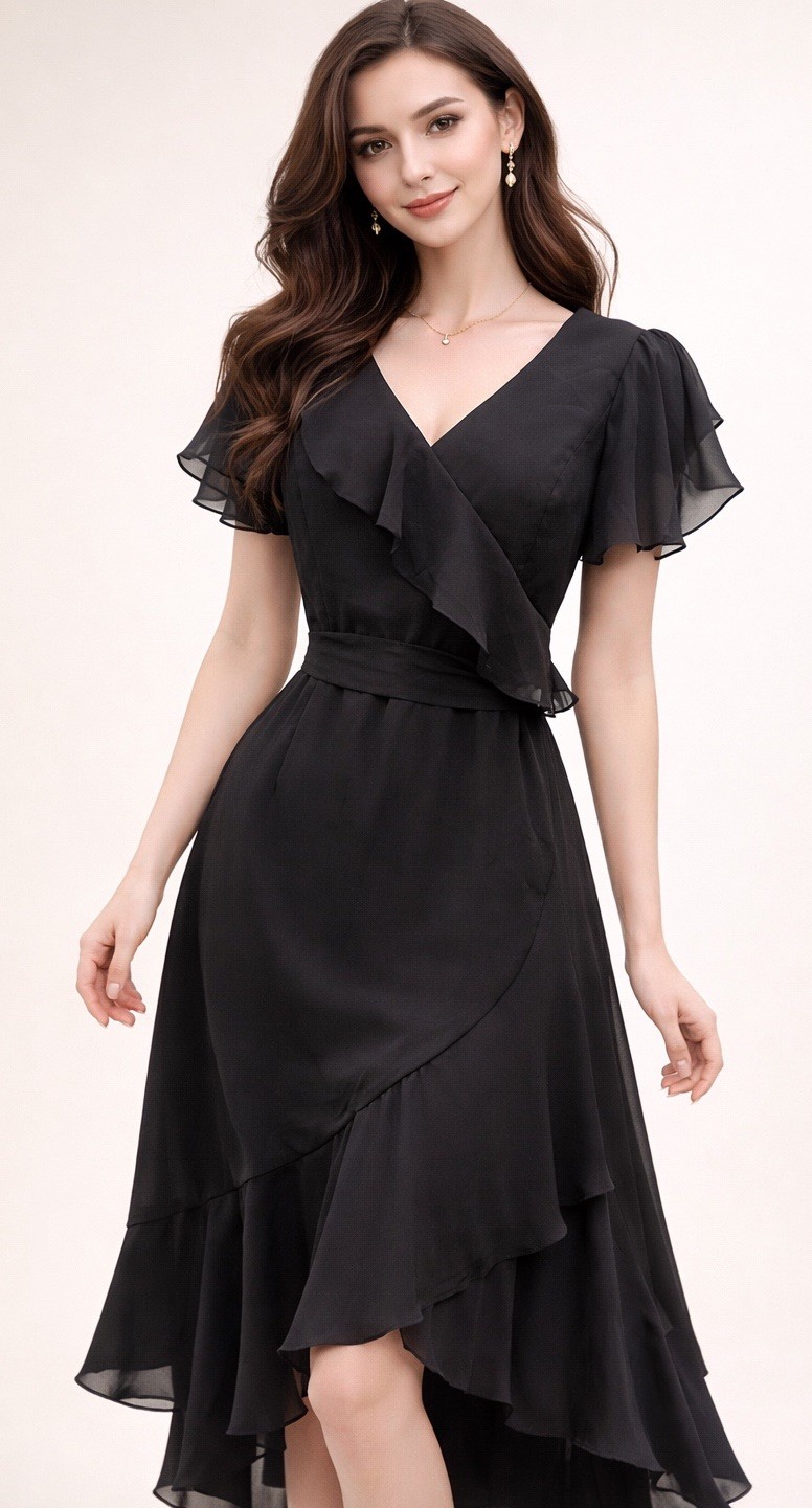 Stacees Dress 10/12 Black Faux Wrap Tiered Ruffle Feminine Romantic Fairy