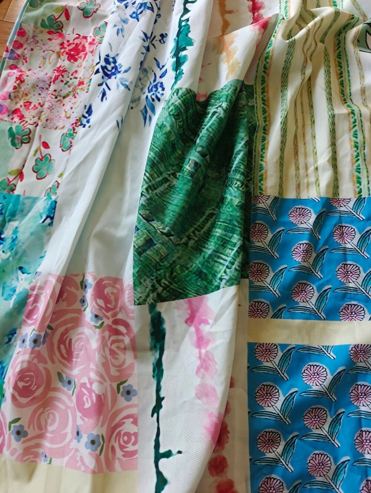 SHEIN Multi-Print Patchwork Maxi Dress in Green and Blue Accents
