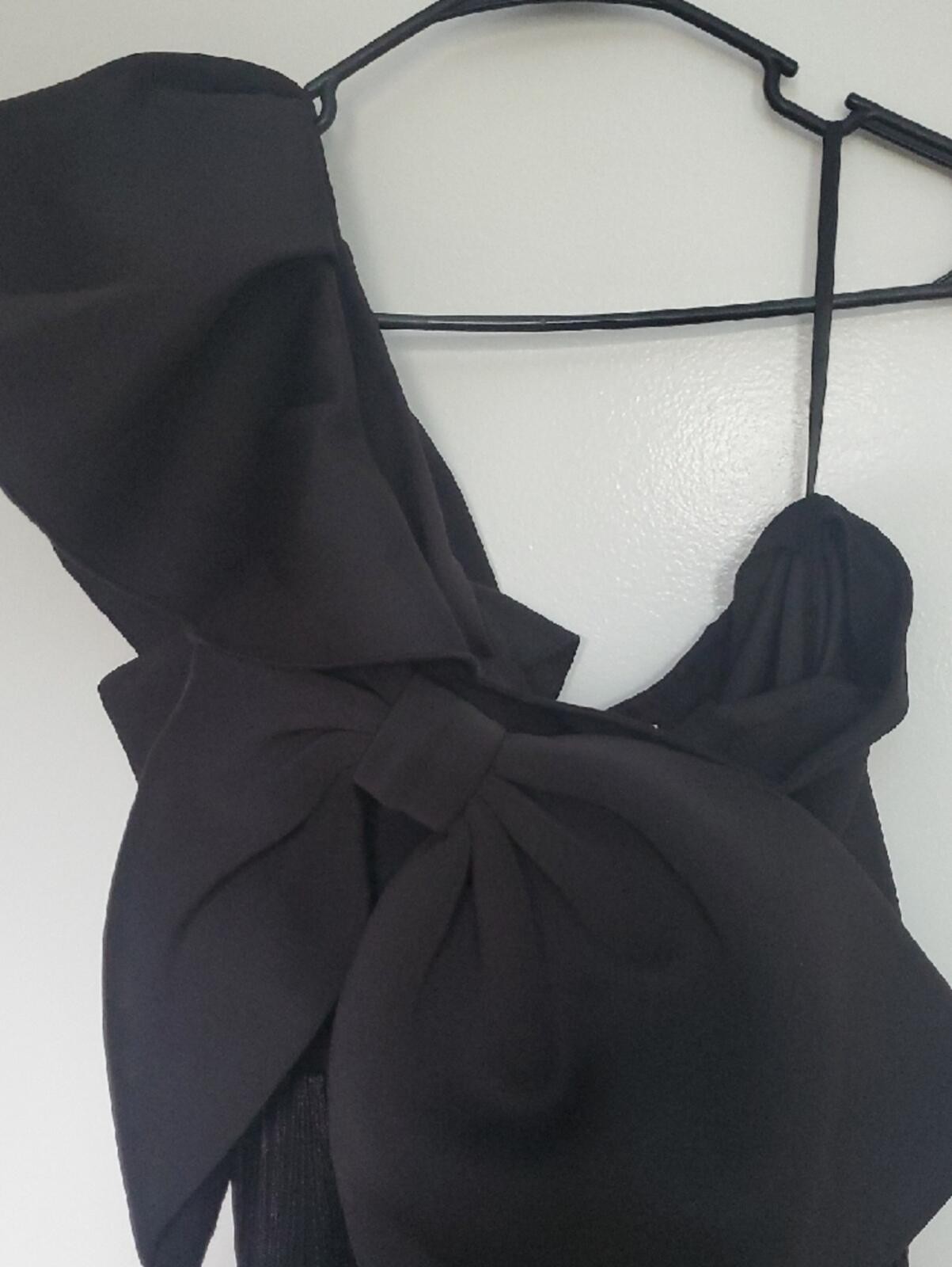 One-Shoulder Black Fringe Evening Dress with Dramatic Bow [COPY]
