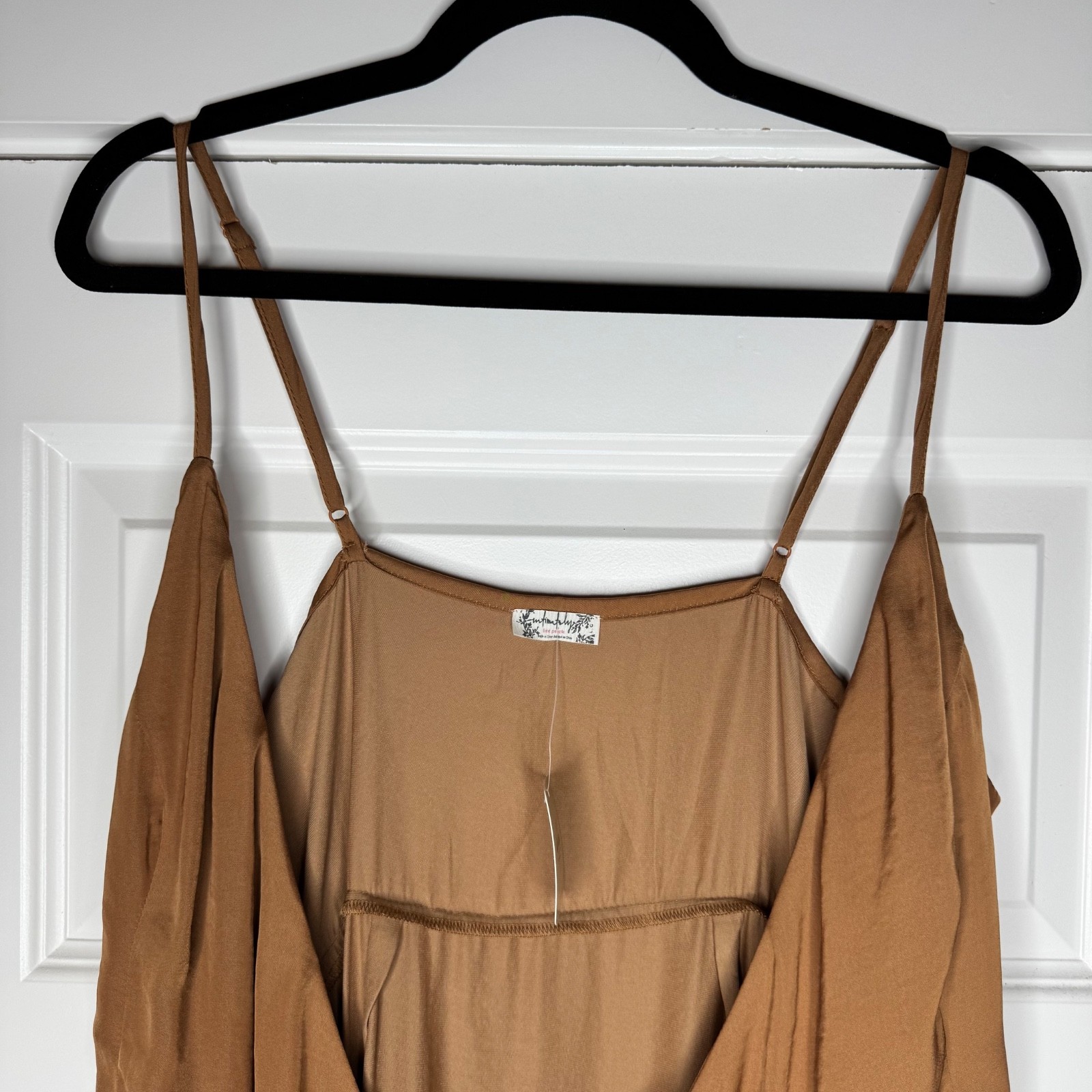 Free People All My Love Shine Mini Wrap Slip Dress Size Large Tan Brown NWT