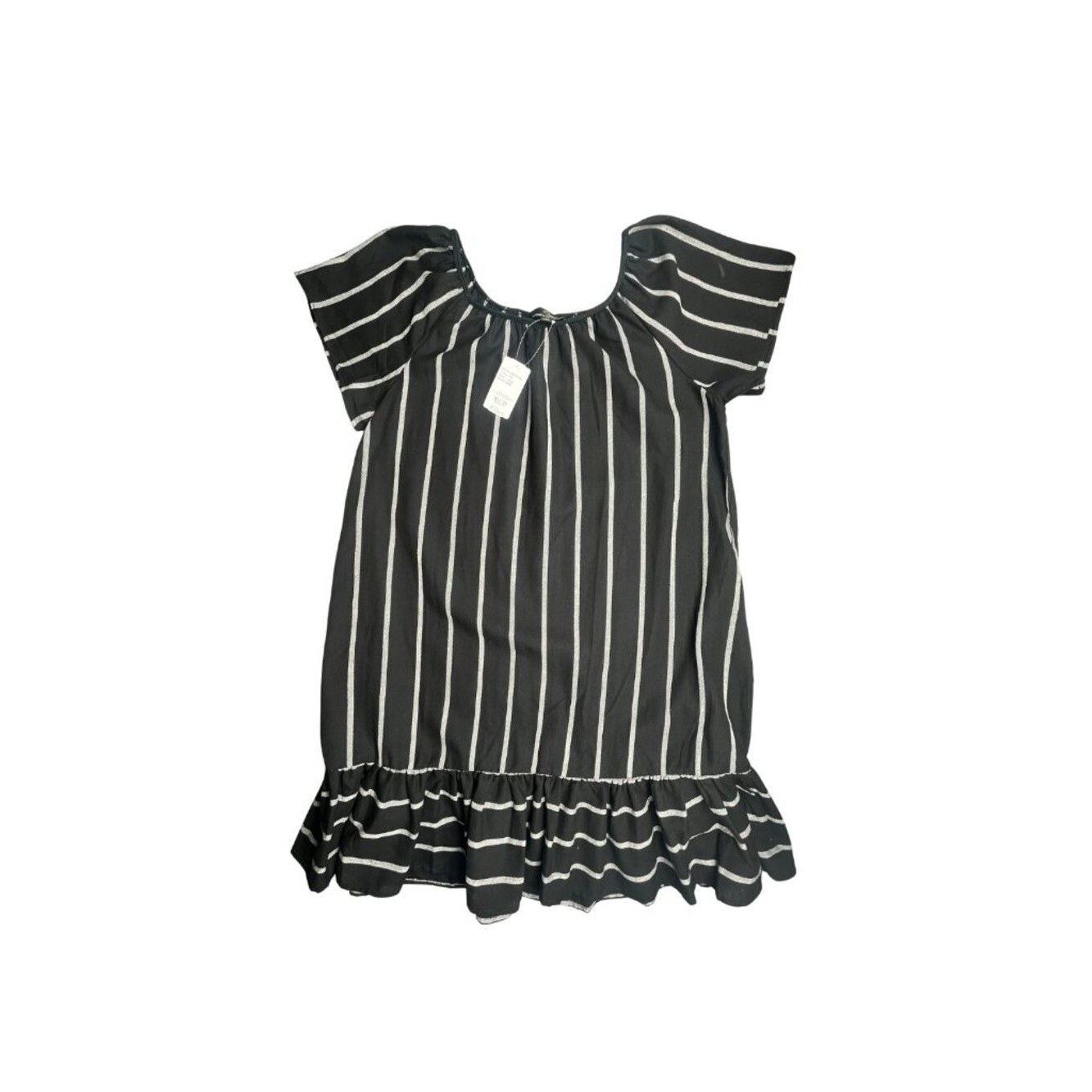 NWT Suzanne Betro Black White Stripe Ruffle Hem Shift Dress Size L