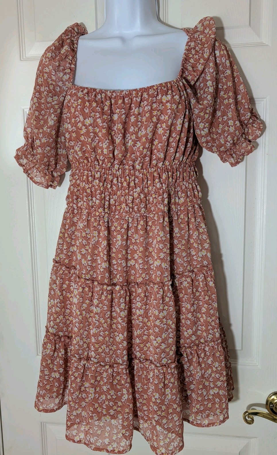 Trixxi Floral Smocked Puff Sleeve Square Neck Mini Dress Pink/Peach Size Large