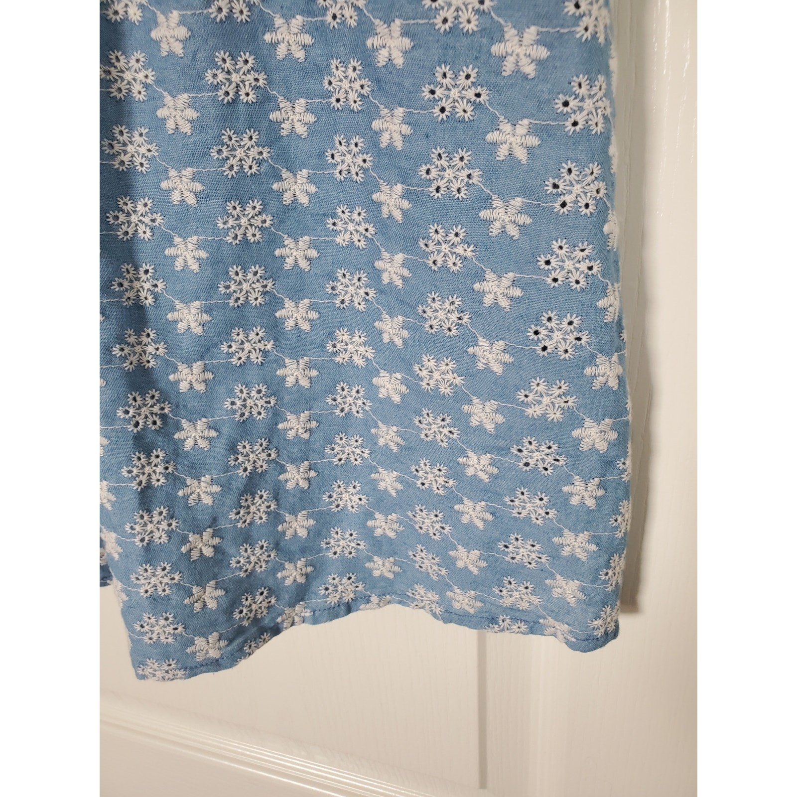 Polagram Cottagecore Blue White Embroidered Floral Shift Mini Dress, Size Medium