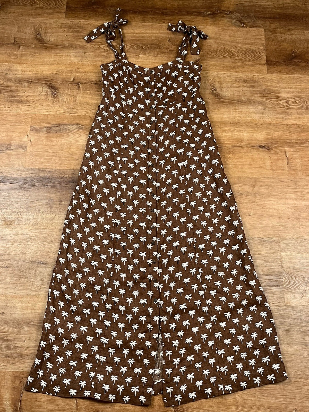 FAHERTY Kendall Palm Tree Maxi Dress Brown 100% Linen Size Small