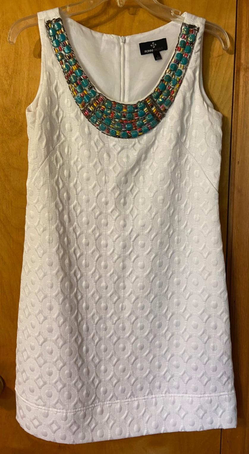 Ronni Nicole Dress White Embossed Cotton Blend Neck Beading Detail Women’s 4