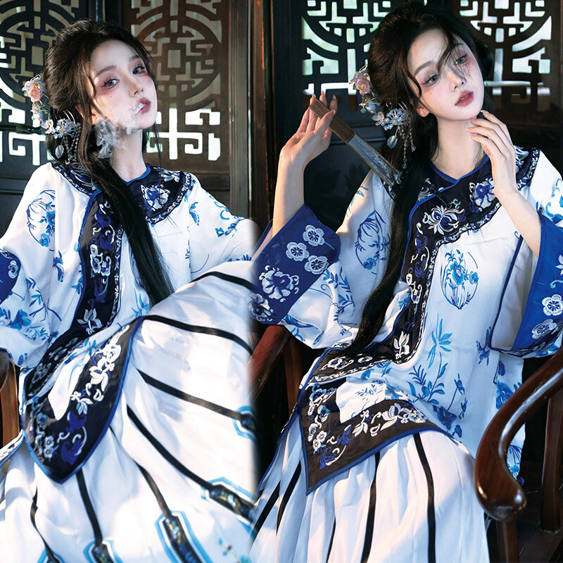2Pc Set Women Retro Chinese Qing Dynasty Costumes Dress Embroidery Hanfu Dress