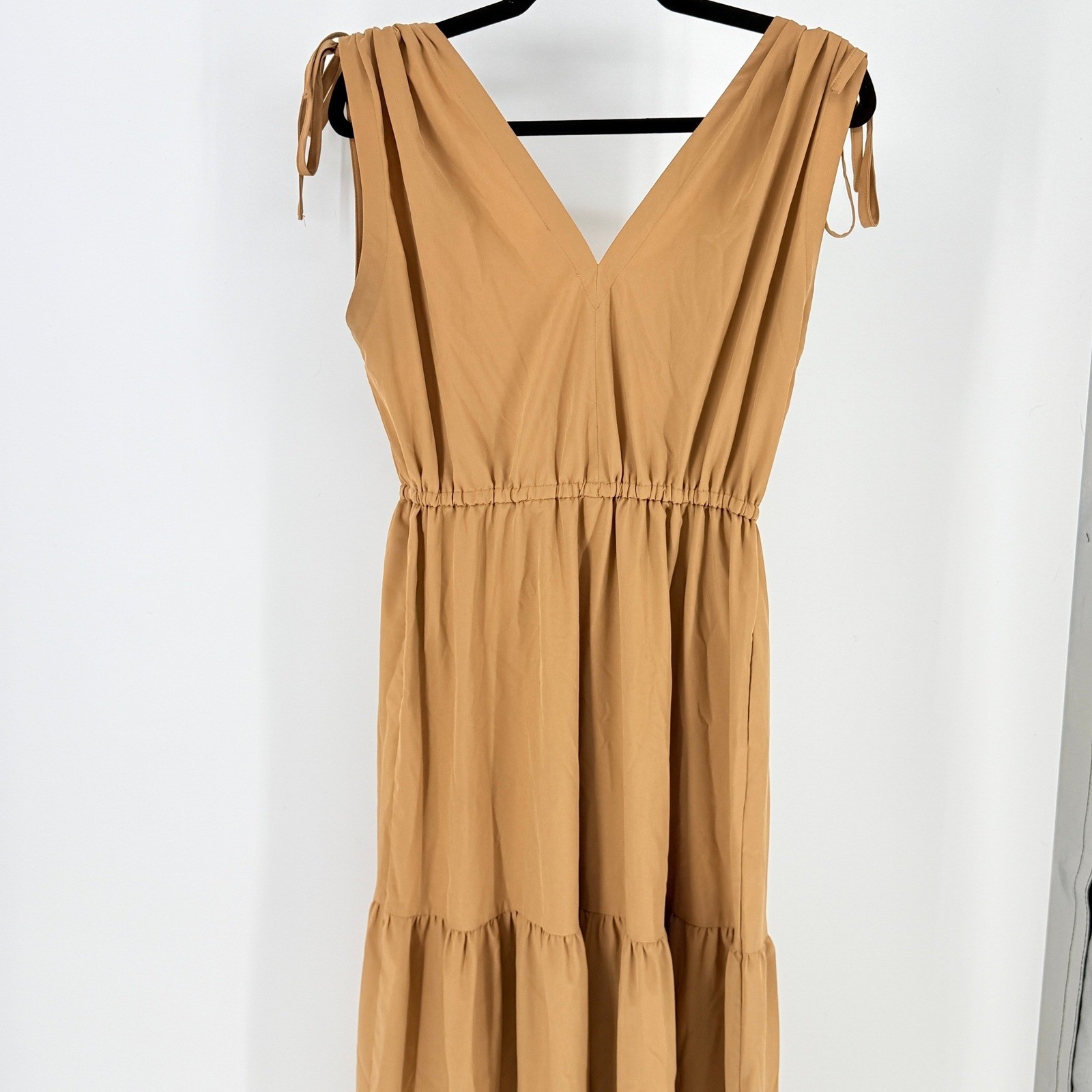 Golden Tan Vneck Tiered Maxi Dress Sleeveless Tie Bows Pockets Fairy Cottagecore