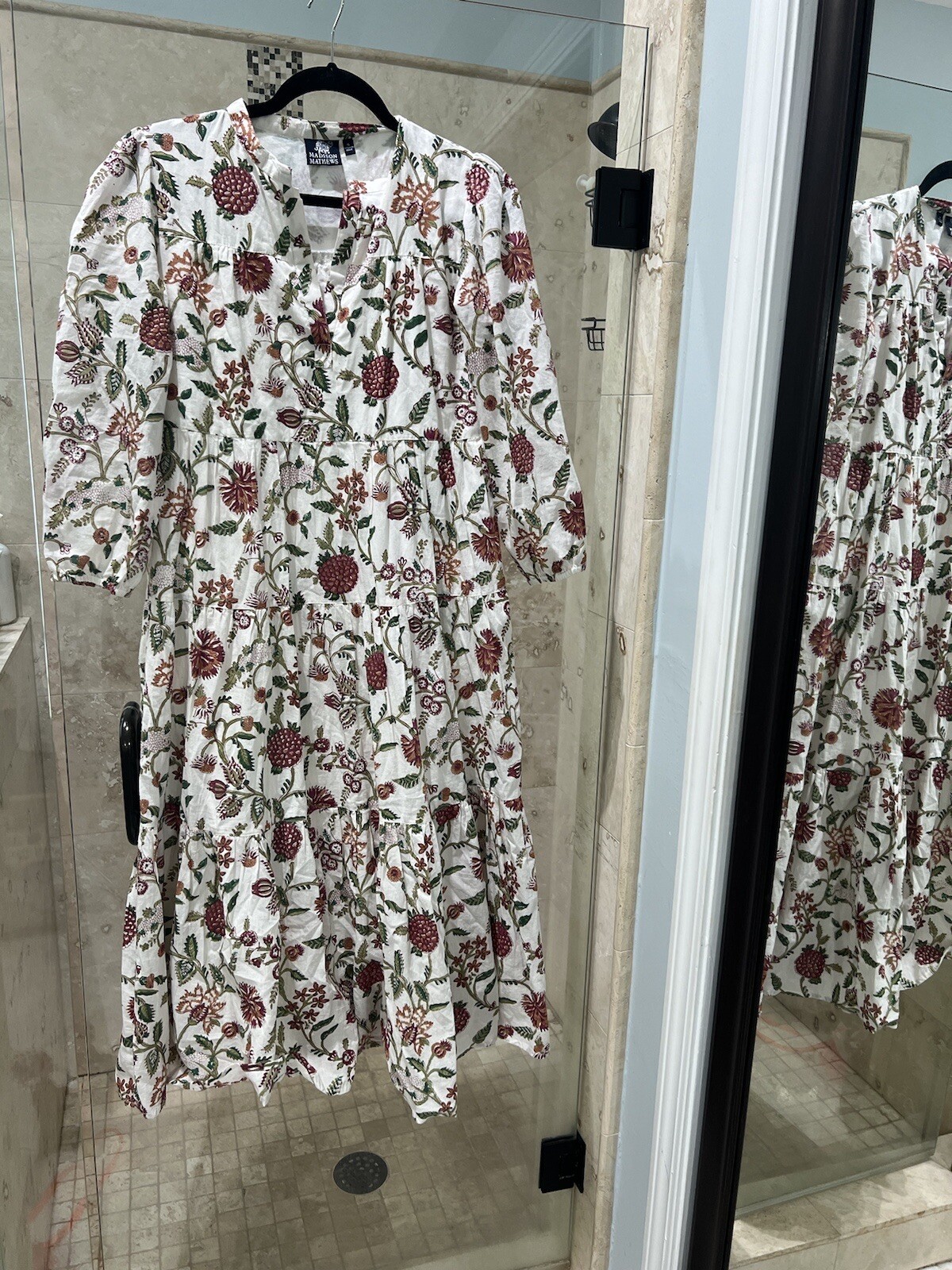 MADISON MATTHEWS Folly Blockprint Dress Tiered Maxi Ivory Red Green