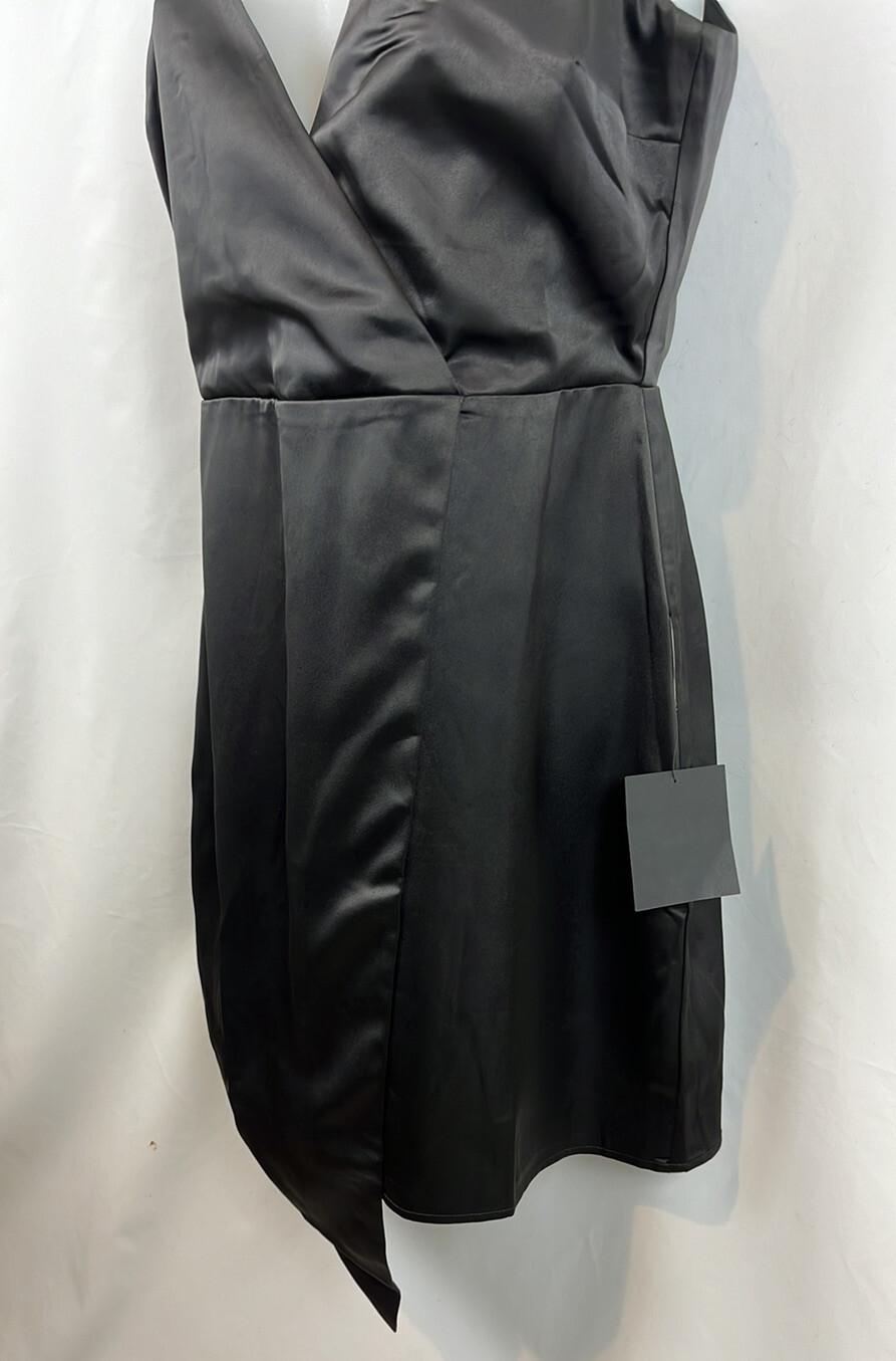 Lulus What a Stunner Black Satin Asymmetrical A-Line Mini Dress Size M – NEW